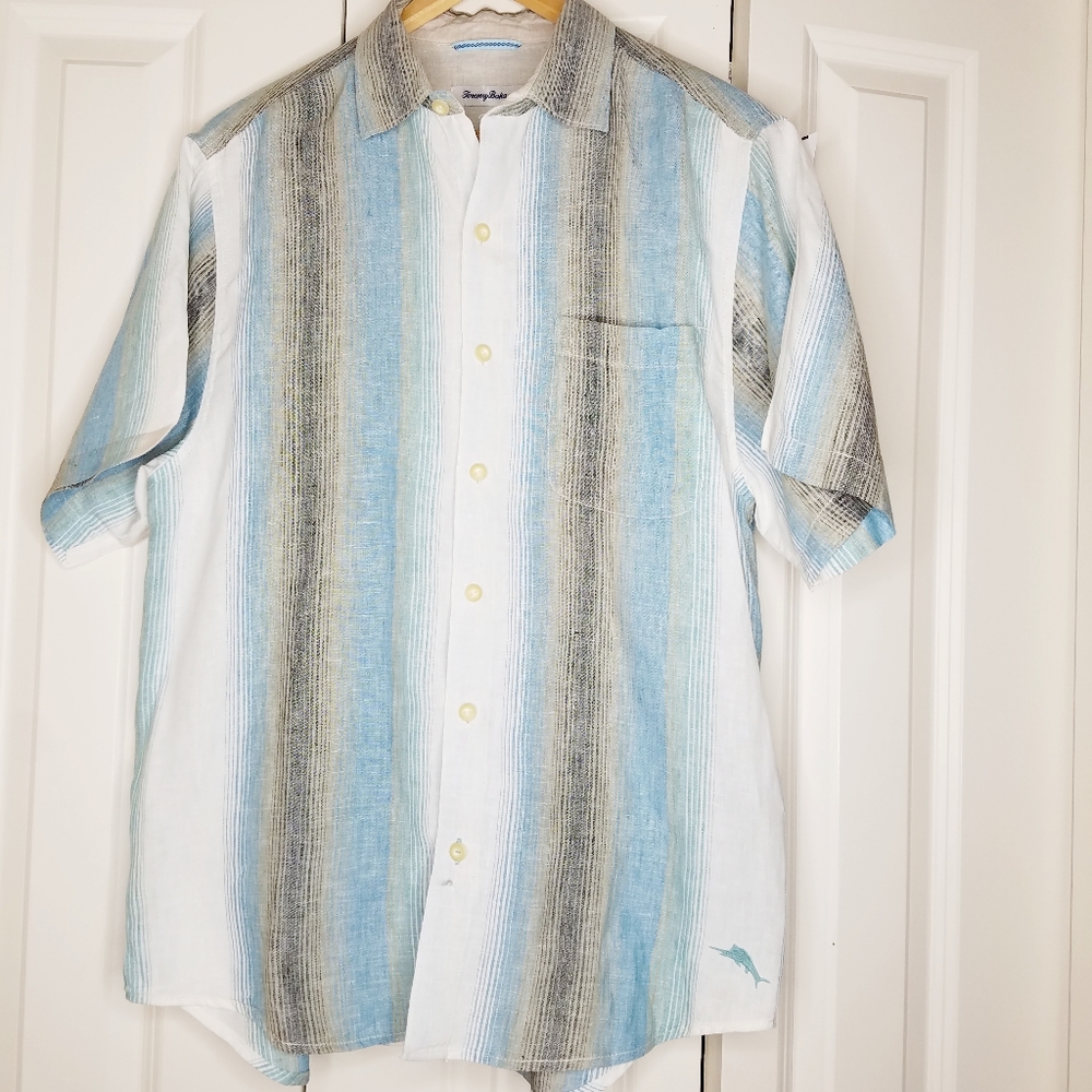 TOMMY BAHAMA Linen Short Sleeve Shirt Blue White M